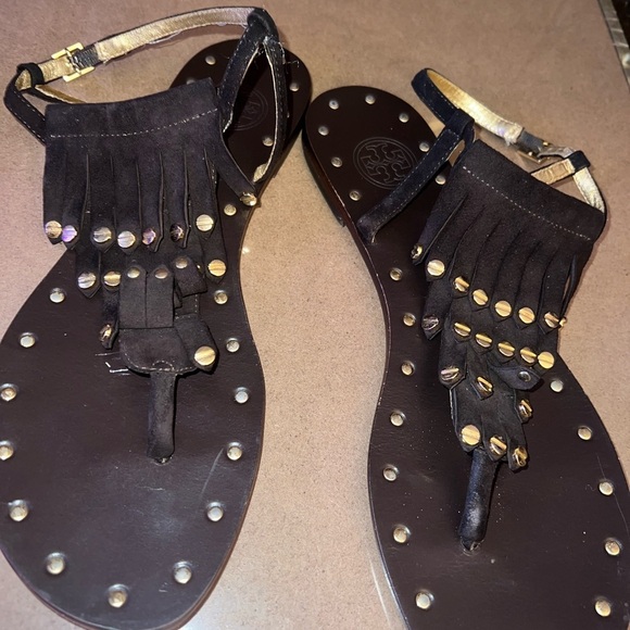 TORY BURCH brown Louisa Leather Thong Wedge Sandals with Moccasin size 9.5 - Picture 2 of 7